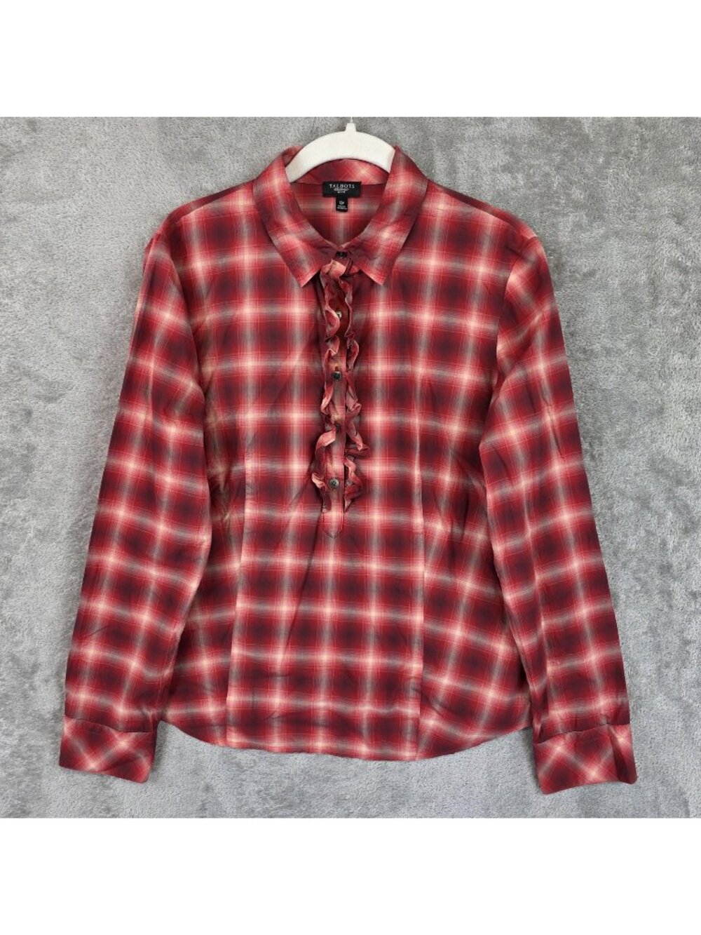 Talbots Blouse Womens 12P Red Plaid Collared Long Sleeve Button Front Ruffle Top